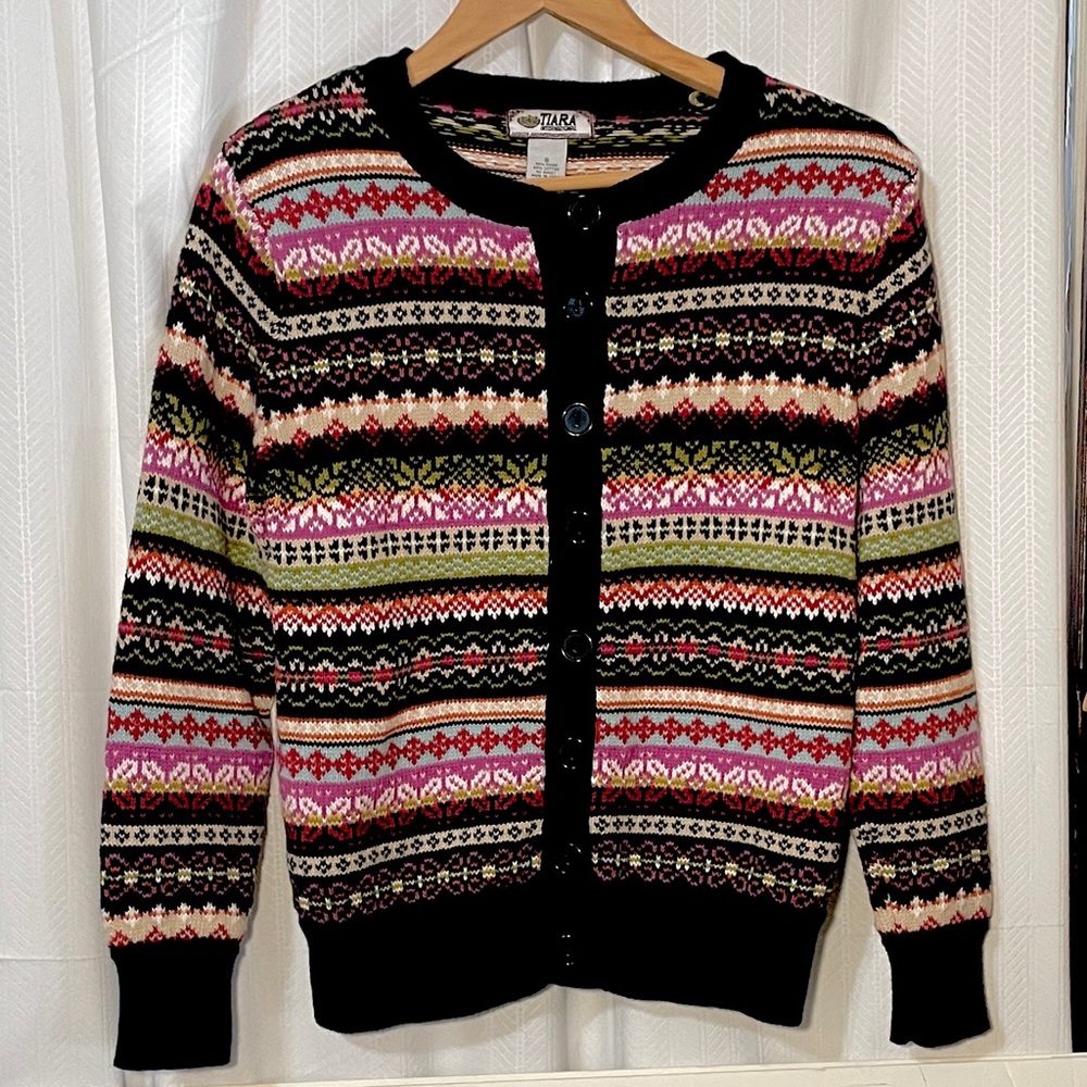 Vintage Tiara Multi-Color International Fair Isle Knit Button Cardigan Size Sm